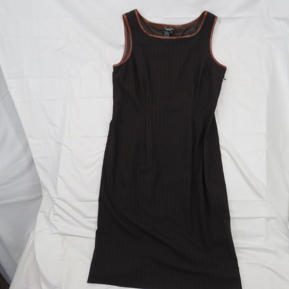 Vintage Doncaster Collection Pinstripe Leather Trim Sheath Dress | Size 12